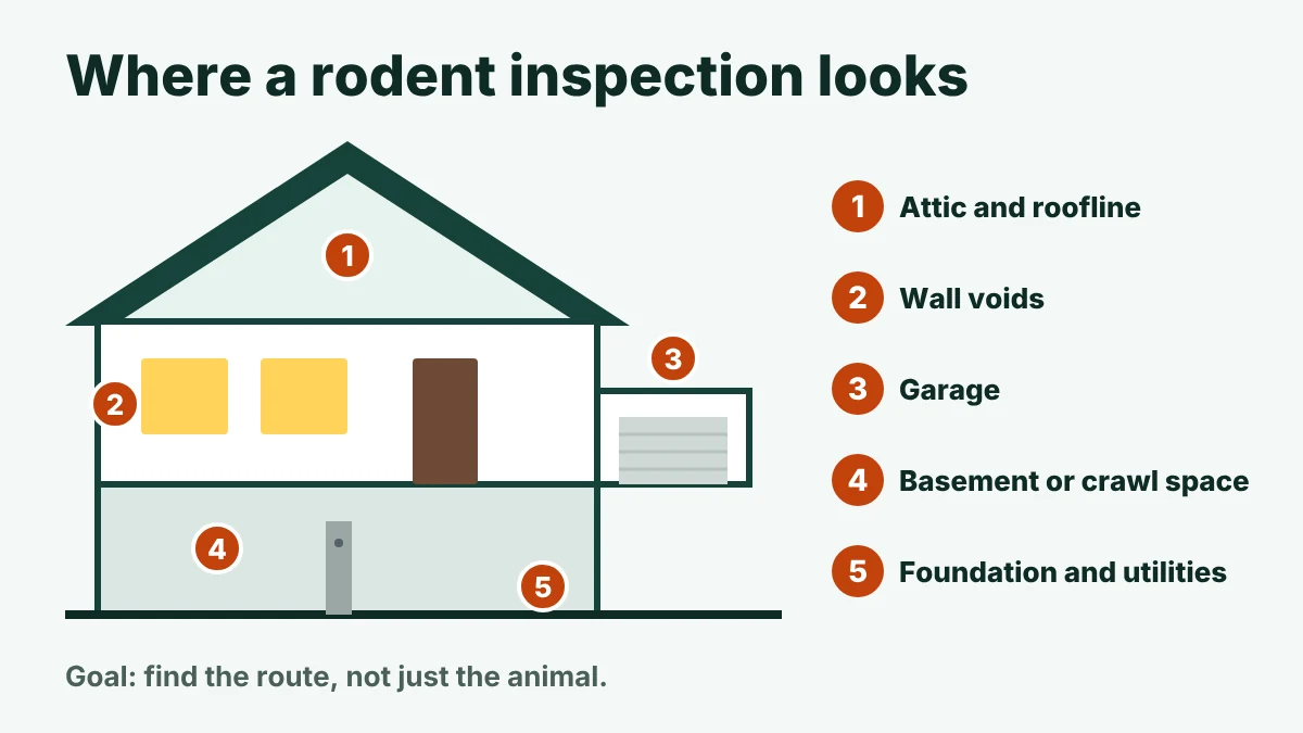 Cutaway of a house showing where a rodent inspection looks: attic, walls, garage, basement and foundation