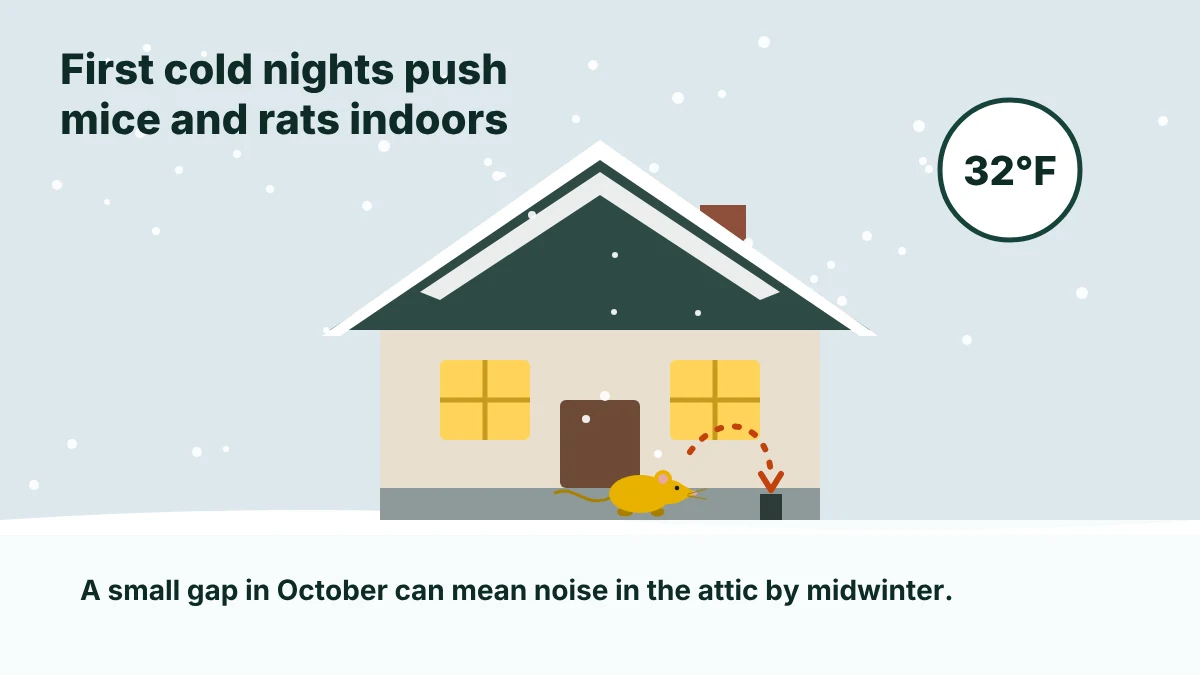 Illustration of a snowy house where a mouse heads for a gap in the foundation on the first cold nights